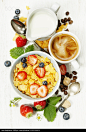 Breakfast with coffee, corn flakes, milk  and berry - stock photo