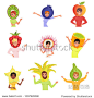 Set of happy people in various fruit hats. Kiwi, blueberry, apple, raspberry, carambola, horned melon, rambutan, feijoa. Cartoon men and women. Flat vector design