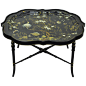 English Scalloped Papier Mâché Hand-Painted Tray on Faux Bamboo Table Stand