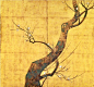 Japanese Folding Screen with Design of Plum Tree. Edo Period. Color on gold-leaf paper, two-fold screen. ARTIST Rinpa School. TOKYO FUJI ART MUSEUM