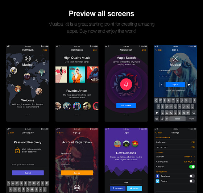 30多个屏幕用于音乐移动应用app界面设...