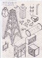 Chaos Sketch : Sketches on a isometric reticle paper! Dont like the lines when im drawin, but in this case the paper helped too much, without the lines would be impossible. I was 2 months just thinking about things you can find in a city, and trying to dr