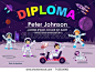 Children Diploma or Certificate Of Achievement & Appreciation Space Moon Theme Cool Vector Template. Children Astronaut in Space Adventures 