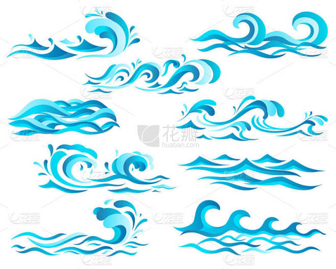 装饰的蓝色海浪和卷发的强大水流、 飞溅和...