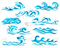 装饰的蓝色海浪和卷发的强大水流、 飞溅和白色泡沫帽冲浪图标。可能会以自然、 海洋之旅或旅游主题