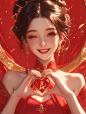 Beautiful Barbie princess, laughing happily, wearing red clothes, earrings, eye details, pink gold powder, water glitter, the photo is created by soft light to highlight the female elegance. Make a heart symbol with your hands. The background adopts Chine