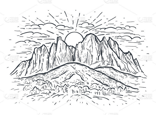 景观矢量素描插图与山，岩石，树木和太阳。...