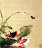 郎世宁《荷花蝴蝶》--- 郎世宁以中西合璧的绘画技法，描绘出独树一帜的花鸟画作品。画中的花卉鸟虫设色艳丽，描绘极其细致逼真，富有很强的立体感和层次感。此画中或多或少仍带有西方绘画中的明暗变化，造型写实生动。