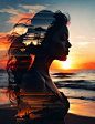 high quality, 8K Ultra HD, A beautiful double exposure that combines an goddess silhouette with sunset coast, sunset coast should serve as the underlying backdrop, with its details incorporated into the goddess , crisp lines, The background is monochrome,
