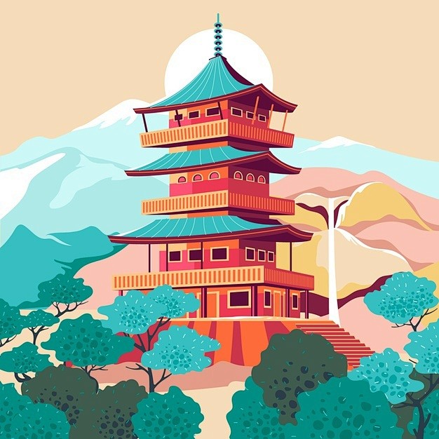 手绘日本建筑塔风景场景插画矢量图素材