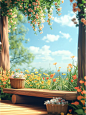 Spring background image, a smooth wooden bench with a flower basket on it, blue sky, strong sunlight, 3d rendering, octane rendering, blender, central composition, close-up, depth of field, rich colors, high definition super detail --ar 3:4 --v 6.0 --iw 2
