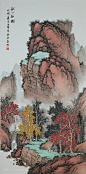 王军河工笔山水青绿山水传统山水皴法国画界画《秋山红树》