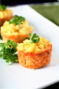 Individual servings ~ mac 'n cheese cups with ritz crust.