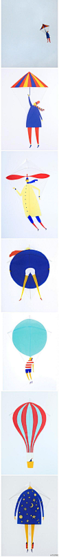 视觉同盟：英国插画家Daniel Frost让插画飞了起来~他笔下的小人为了飞上蓝天可谓使出了浑身解数，有的头顶螺旋桨，有的脚上绑火箭，有的撑一把大伞，有的乘坐热气球。为了圆他们的飞天梦Daniel将他们描绘在风筝上，终于凭借清风自由飞翔~