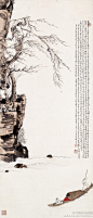 #山水画#【 溥儒 《泛舟赏梅》 】立轴，纸本设色，110×46.7cm，1930年作。 一树老梅旁逸斜出，长长的款识，犹若凌空绝壁，中间大段留白，造势险峻。而右下角，一舟轻横与左边一方印，遥相呼应，整体平衡即于此显露无疑。