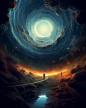 A painting of heaven, clouds and mountains through a hole, in the style of time - lapse photography, mind - bending illusions, hyper - detailed illustrations, swirling vortexes, richly colored skies, dark cyan and gray, spectacular backdrops