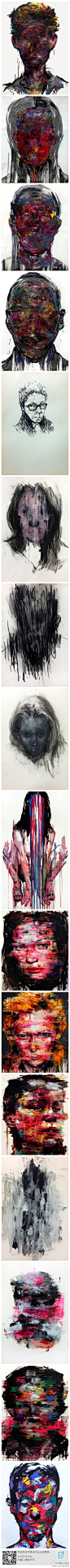 韩国画家kwangho shin作品，从模糊的面部轮廓和斑斓的面部色彩体现出，艺术家对于人类情感复杂性的表达