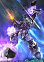 copyright_name explosion firing flying from_below gomibako_(shirokumatei) gundam gundam_arsenal_base gundam_kimaris gundam_tekketsu_no_orphans holding holding_polearm holding_weapon lance logo mobile_suit no_humans official_art open_hand polearm space v-f