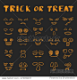 Vector illustration with cartoon hand drawn set of orange Halloween scary faces for carving pumpkins. Isolated Halloween icons or background. Trick or treat hand drawn lettering