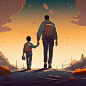 black hair, the figure of the father and son holding hands, father and son, super detail, country road background, gradient background, soft colors, soft lighting, anime, high detail, art station seraflur, art, ip, cinematic, edgelighting, light and dark 