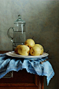 http://nikolay-panov.artistwebsites.com/products/asian-pears-nikolay-panov-art-print.html•经典静物与蓝色折叠餐巾，并与旧厨房净水高大投手几个黄色的亚洲梨： 