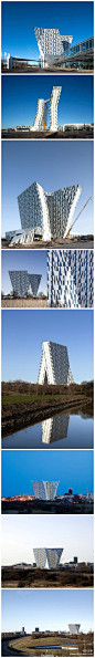 丹麦哥本哈根的贝拉天空酒店，由3XN负责建筑和室内设计。双塔高度为76.5米，朝各自的方向倾斜15度（超过比萨斜塔的11度）。建筑拥有814间客房，并包含一个国际会议中心（30间会议室），独特的体量使其成为当地的标志性建筑。