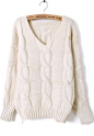 ++ Beige Batwing Long Sleeve V-neck Cable Sweater