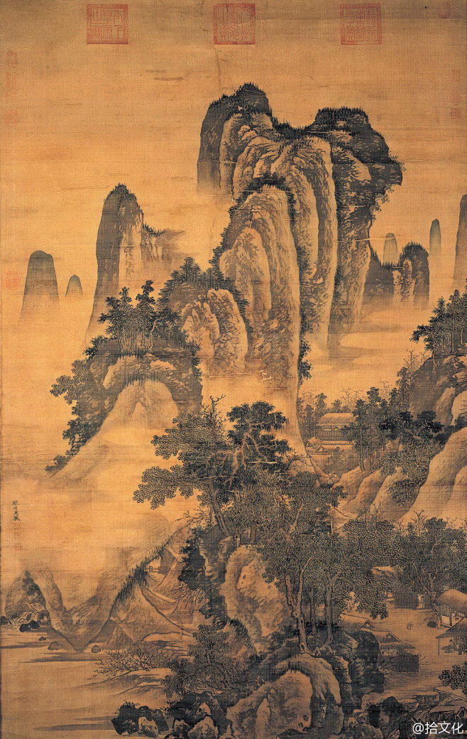 明 马轼《春坞村居图》纵178.6厘米，...