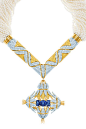 Tiffany & Co. Schlumberger® Sheaves necklace in platinum and 18k gold with emerald-cut sapphires and white and yellow diamonds. Detachable pendant on a platinum and 18k gold necklace of cultured pearls.