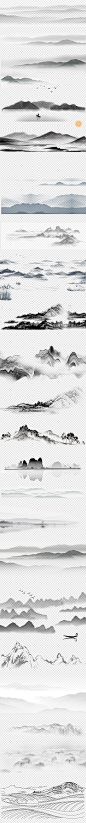 中国水墨山水山脉远山山峰背景透明高清素材