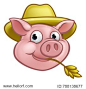 A pig cartoon character with straw hat. Could be a farmer or the one of three little pigs who built his house of straw