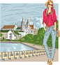 时尚女郎旅行插画矢量素材，素材格式：EPS，素材关键词：旅行,插画,女子,欧洲
