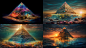 A photorealistic raw photo of a towering pyramid, made entirely of shimmering magic crystals, rising up from the depths of the ocean floor. The pyramid refraction the light in a dazzling display of colors, casting rainbow hues across the surrounding marin