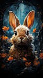 Blue cosmic bunny, Impressionist art, realistic photography, detailed, dynamic background, intricate details, rich colors, realistic style, front look,