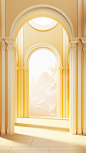 interior room with an archway and a large window, in the style of light white and light gold, lee broom, colorized, trompe-l'œil illusionistic detail, incisioni series, light yellow, thomas cole