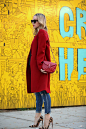Brooklyn Blonde -- So Kate Christian Louboutin pumps, red Chanel bag, red coat, ripped denim