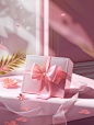 pink box with bow on the table, in the style of digital illustration, unreal engine 5, romantic illustrations, translucent overlapping, love and romance, ceramic, simplified shapes