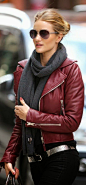 Crimson leather jacket with muffler