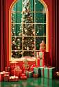 Christmas presents arranged in front of a red window, in the style of daz3d, gold and emerald, joong keun lee, retro visuals, , pictorial space, charles spencelayh