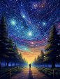 the night sky with bright stars behind the girl walking through the woods, in the style of fantastical street, anime art, colorful dreams, horizons, stimwave, realistic oil paintings, calming symmetry
