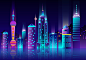 扁平化流行渐变色城市夜景高楼风景房屋平面海报背景AI矢量设计素材-设计元素-美工云(meigongyun.com)