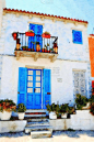 撒丁岛海边的一个小镇上传统的彩色建筑一瞥。数字绘画。