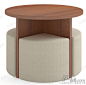 现代时尚棕色烤漆实木圆形茶几米色布艺扇形凳桌椅组合