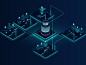 Workflow city building isometric color light vector illustration output input hologram machine process