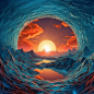 A painting of heaven, clouds and mountains through a hole, in the style of time - lapse photography, mind - bending illusions, hyper - detailed illustrations, swirling vortexes, richly colored skies, dark cyan and gray, spectacular backdrops