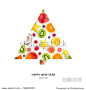 Creative happy new year card made of fruits on the white background.  Fruits christmas tree , top view, festive greeting card.