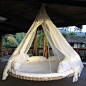 Floating Bed - $3795 : This round, hanging, rocking motion Floating Bed includes bed, ceiling hanging hardware, foam-fabric padding for stainless steel hoop of bed, custom round memory foam mattress with zippered cover. Indoor or outdoor use, water and we