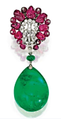 Platinum, Carved Ruby and Diamond Brooch, Cartier, London, With an Emerald Pendant