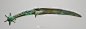 铜刀，出自中国，通长28.5cm，极宽处5.5cm，通体铜质，刀身反曲，柄首末端为一圆心向周围辐射状伸出铜管形结构，造型独特，属于鄂尔多斯青铜器的范畴，时代约为公元前11世纪，