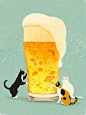 啤酒,三毛猫,插画,夏天,白猫,黑白猫